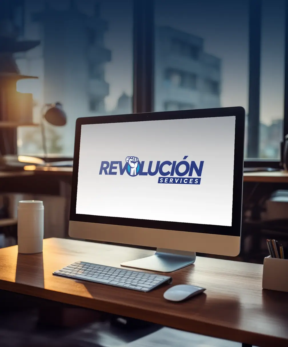 Revolución Services logo on a computer screen at our El Paso office